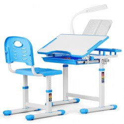 Children Desk Kids Desk and Chair Set, Height Adjustable Student Study Desk for Home Schooling with Storage Drawer,180°Bookshelf, 55°Tilted Desktop Metal Hook，Blue